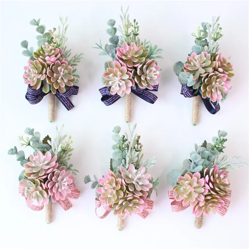 Wedding Men Boutonnieres and Wrist Corsage Lovely Succulent Plant Hand Flowers Brides Wrist Flower Blue Bridal Bouquet Accessory