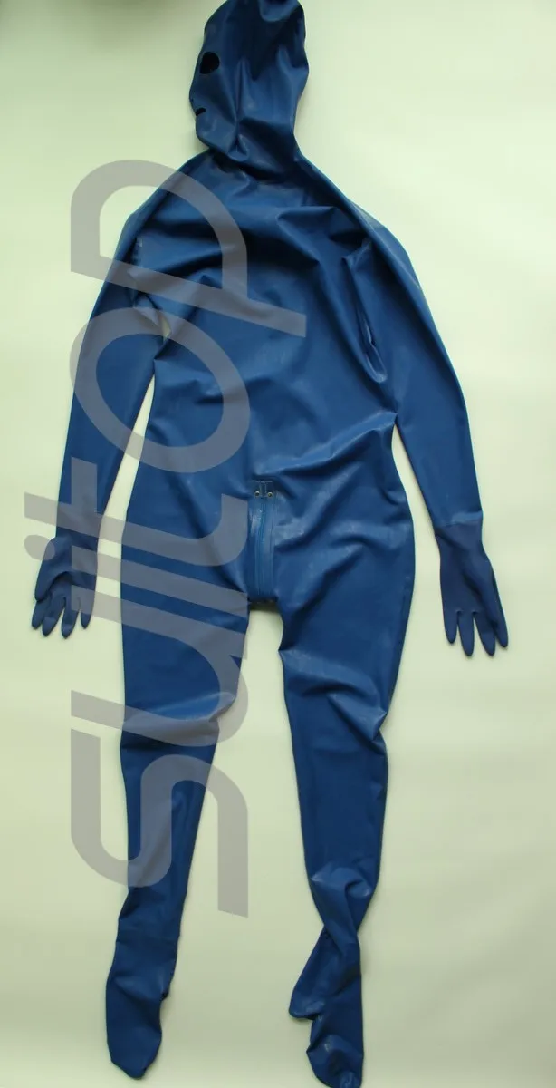 Full cover body latex catsuit  rubber zentai with back zip to lower abdomens 3 zippers gloves, socks and hoods attahced in blue