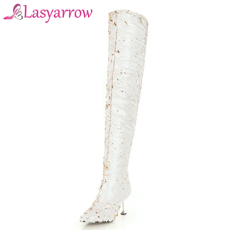 Lasyarrow Bling Bling Sopra Il Ginocchio Slim Fit Lunghi Stivali Scintillante Metallo Sottile di Alta Della Coscia Tacco Stivali Alti Pattini di