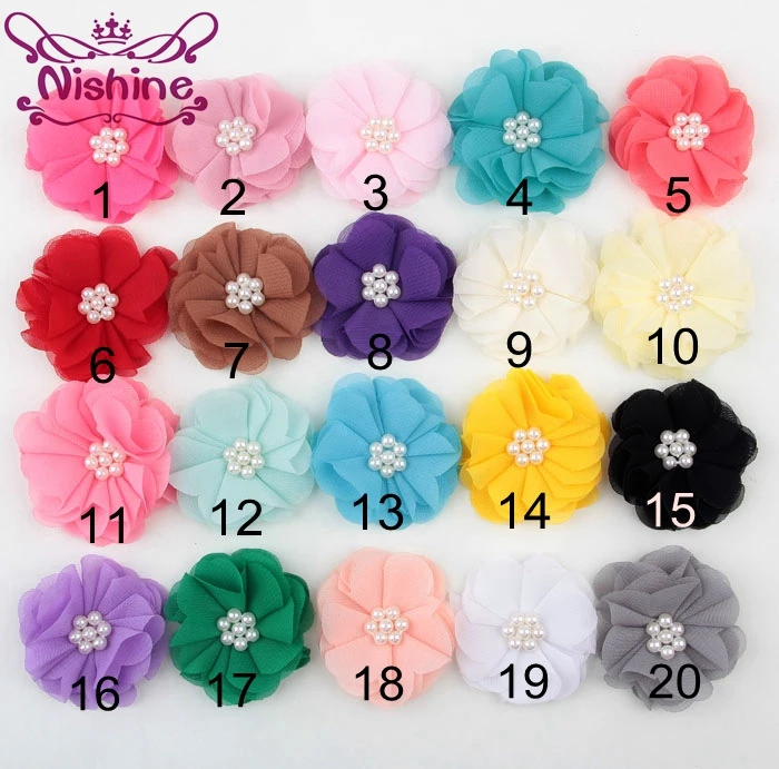 

Nishine 30pcs/lot 2" Mini Chiffon Flower With Sew Pearl For Children Headband Hair Clips Flat Back DIY Apparel Cloth Accessories