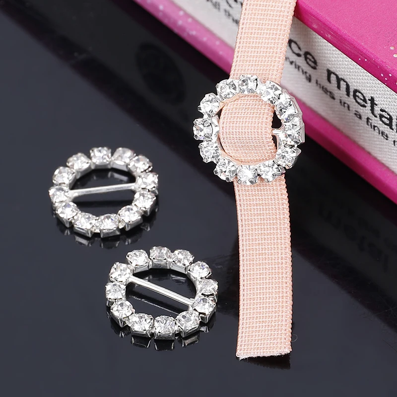 2016New 50Pcs 15mm Round Sparkle  Rhinestone Ribbon Buckle Slider  Wedding Decoration BK01-15