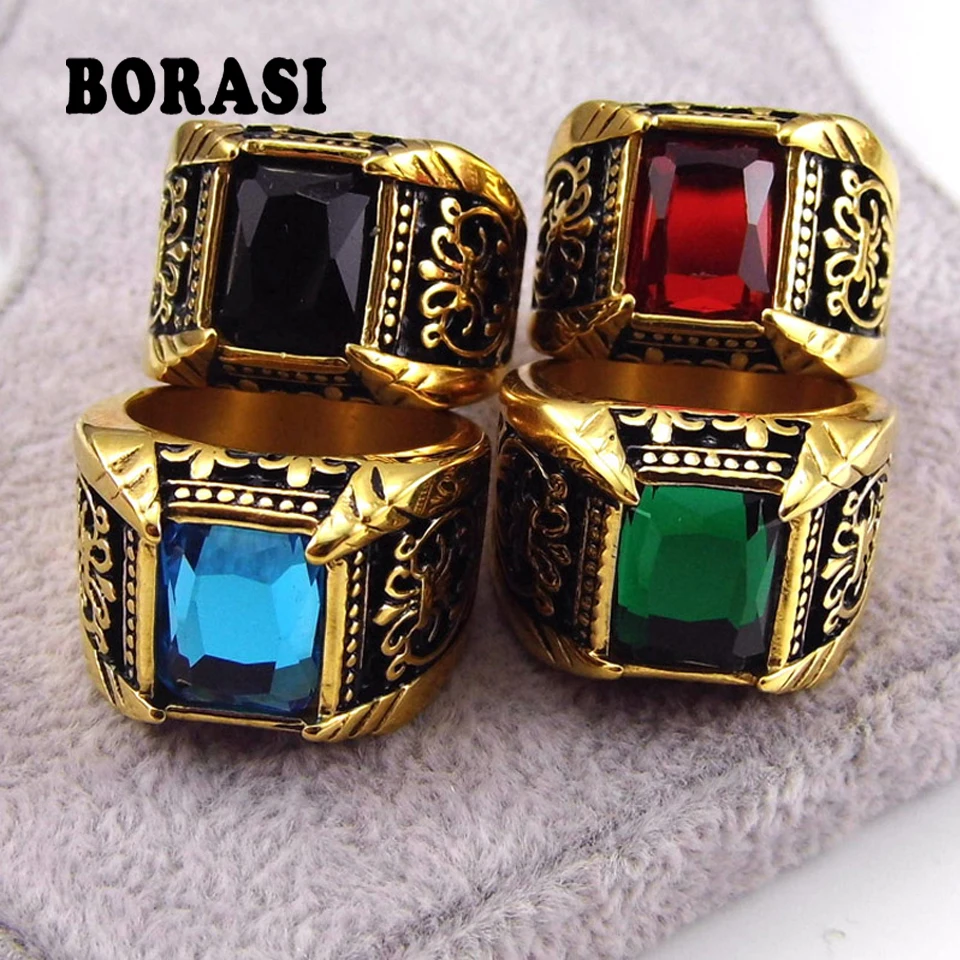 Brand Jewelry Vintage Antique Gold Color Crystal Ring For Men Stainless Steel Big Square Stone Finger Ring Male Men Jewelry