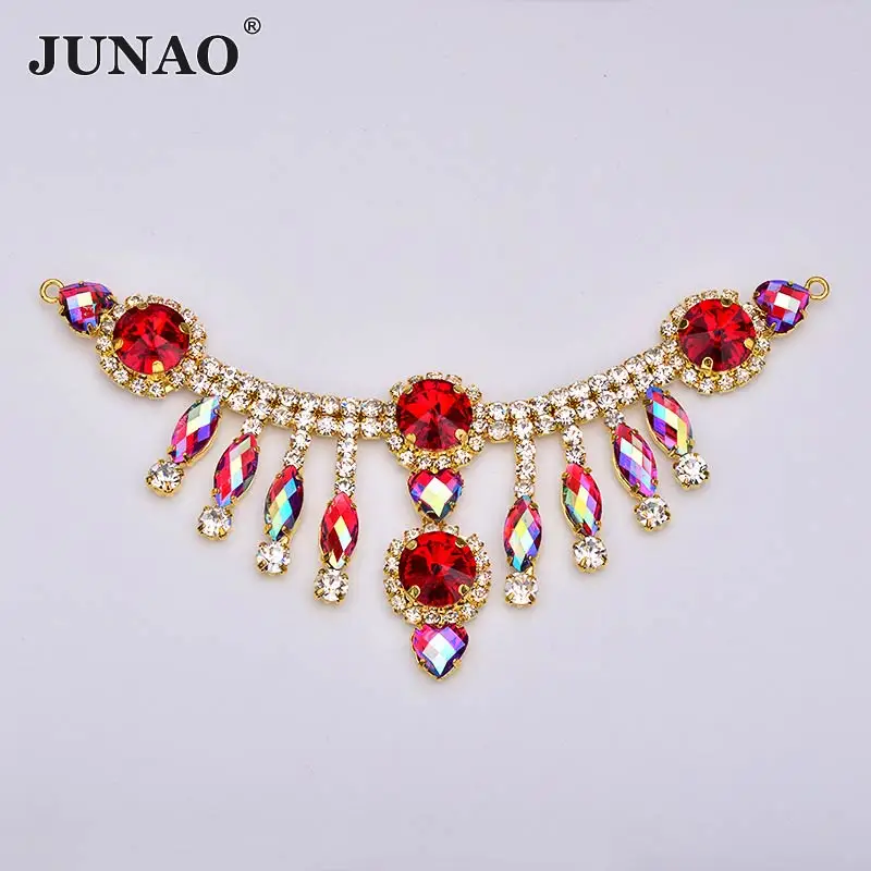 JUNAO 155*60mm Sewing Red AB Glass Rhinestone Chain Trim Gold Flowers Strass Applique Crystal Fringe for Garment Decoration