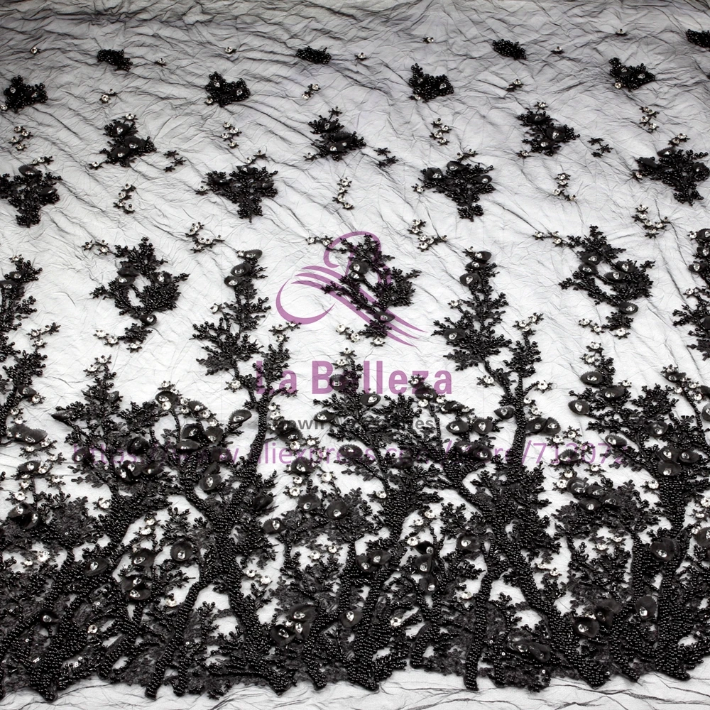 La Belleza handmade beading crystl Black/ivory/pink /off white 3D flowers evening ddress lace fabric 1 yard