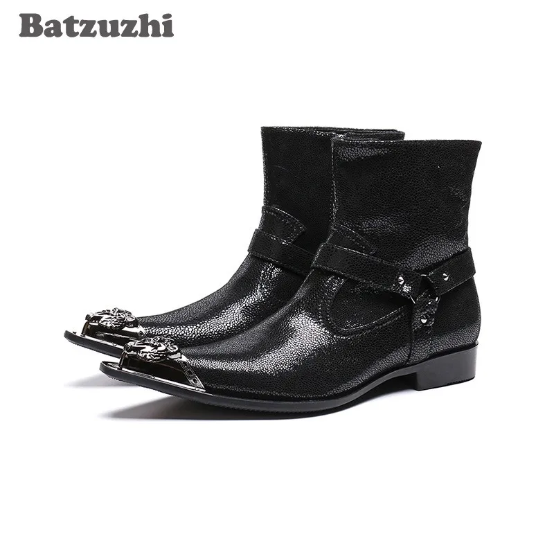 

Batzuzhi Luxury Italian Type Men Boots Iron Toe Black Ankle Boots Men Strap Fashion Cowboy Motorcycle Botas Hombre, Big Size 46