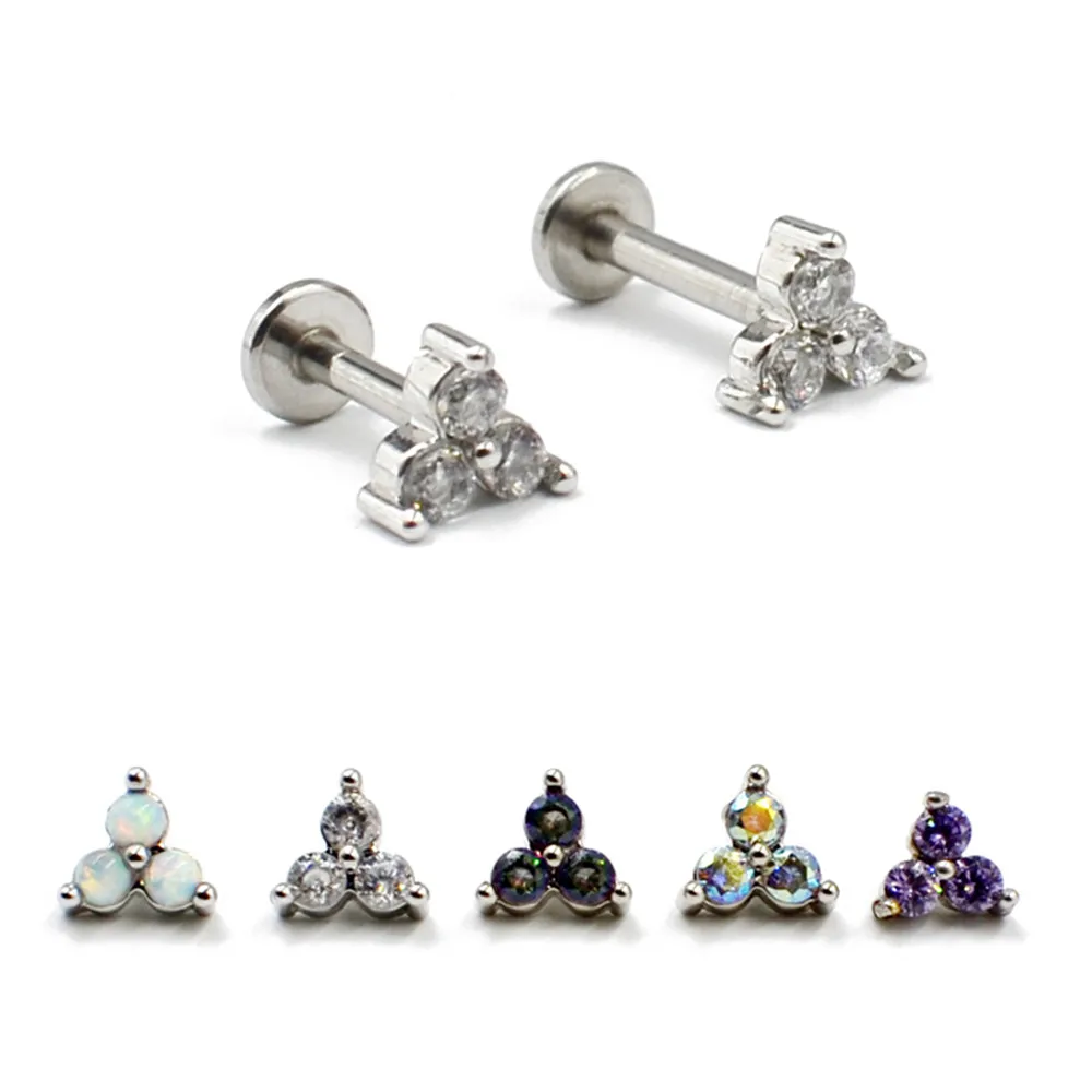 1PC Triangle Zircon Labret Studs Earring Internal Threaded Opal Tragus Cartilage Piercing Jewelry