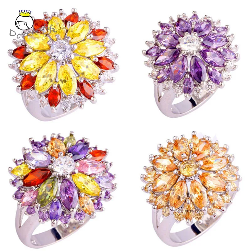 Wholesale Cluster Peridot Red Purple Cubic Zircon 925 Sterling Silver Ring Size 6 7 8 9 10 11 12 13 Women Jewelry Flower Wedding