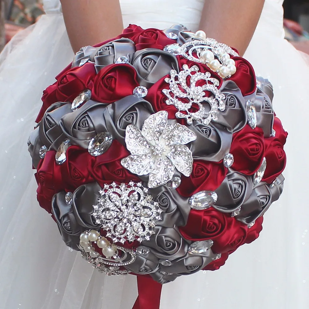 

1Piece Best Selling Wine Red Artificial Flower Bridal Bouquets Crystal Pearls Bridesmaid Bridal Wedding Bouquets