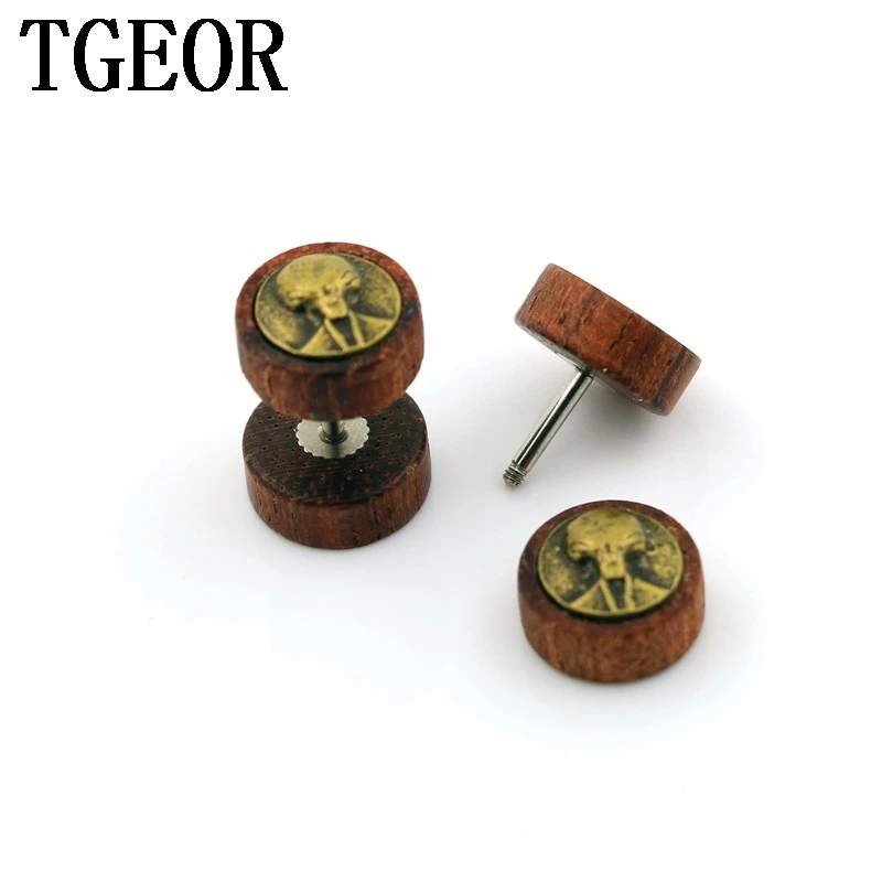 free shipping 30pcs illusion cheaters original natural surface inlay bronze pattern rosewood ear piercing fake plugs earring