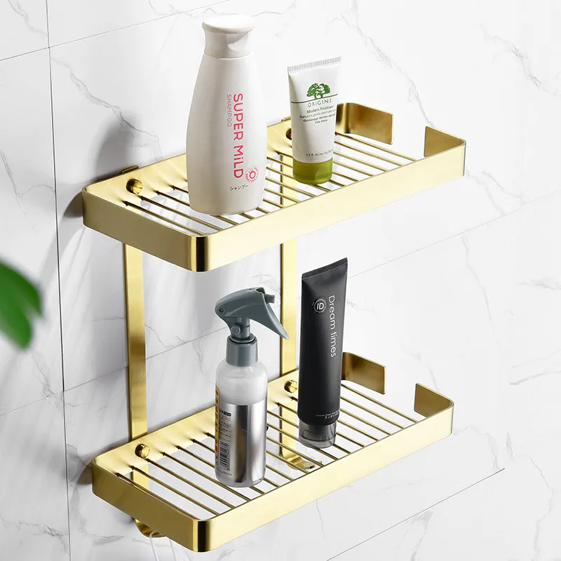 

Bathroom Shelf 304 Stainless Steel Shower Rack Corner Shelf Square Bath Shower Shelf Brushed Gold Storage Organizer Rack Holder