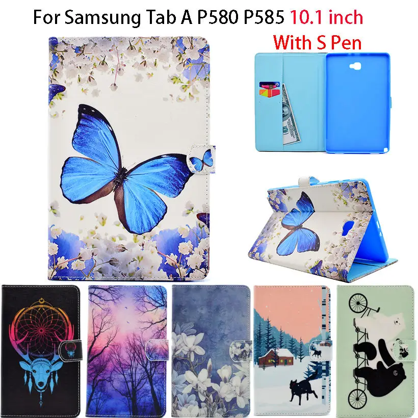 Case For Samsung Galaxy Tab A A6 10.1 2016 P580 P585 with S pen Case Cover Tablet cartoon Ultra Slim Flip PU Leather Shell Funda