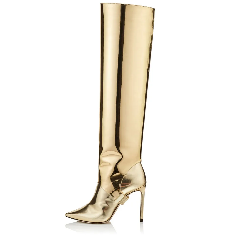 

thin high heels over the knee boots solid patent leather new winter women gold Mirror top quality ladies shoes sexy plus size 45