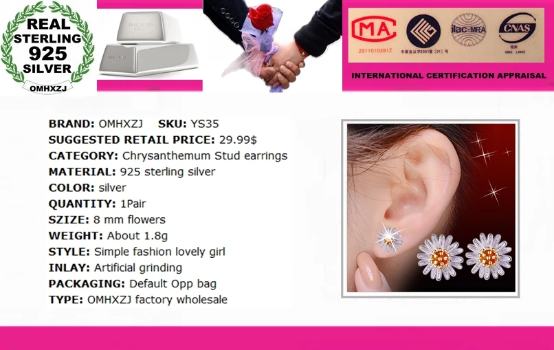 OMH wholesale Fashion girl woman jewelry Lovely sunflower daisies Little Daisy 925 sterling silver Stud earrings YS35