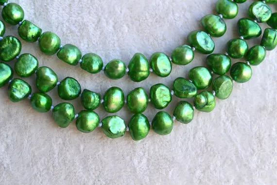 Perfect Pearl Necklace , Green Color Baroque Shape Real Freshwater Pearl Necklace, AA 6-7MM 18-20 inches Shell Flower Jewelry.