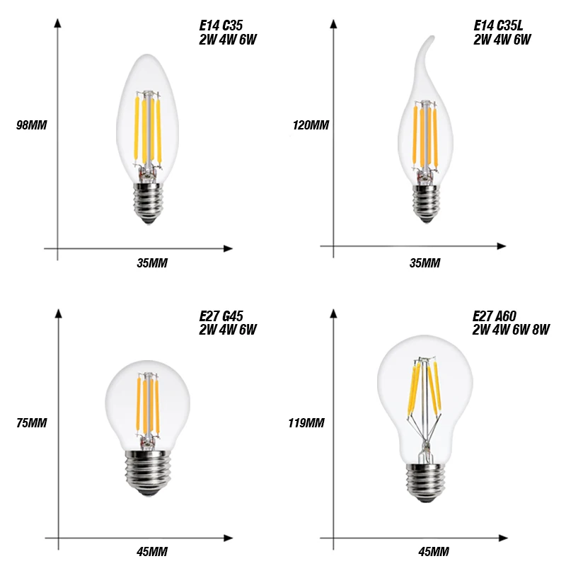 KARWEN LED lamp Candle Bulb E14 E27 2W 4W 6W 8W AC 220V Retro antique Glass Edison bulb Vintage led Filament Light 360 Degree