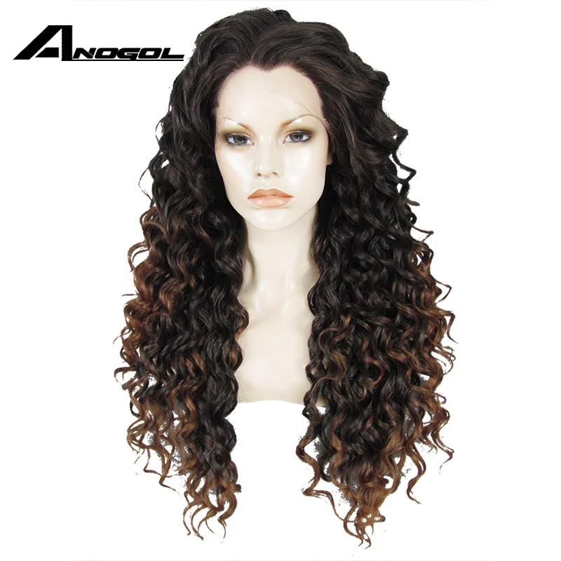 ANOGOL Synthetic Brown Ombre Dark Roots Glueless Lace Front Wig Long Kinky Curly Natural Hair Cosplay Wigs For Women