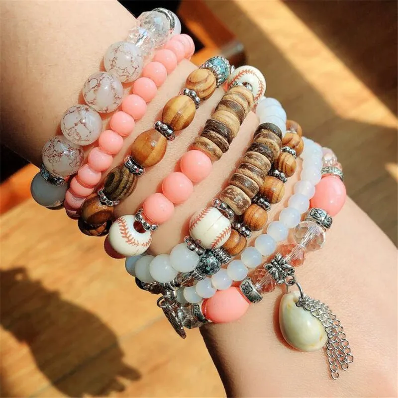 DIEZI Ethnic Tassel Crystal Beads Bracelets for Women Girls Gift Elastic Rope Shell Leaves Charm Wrap Bracelet pulseira feminina
