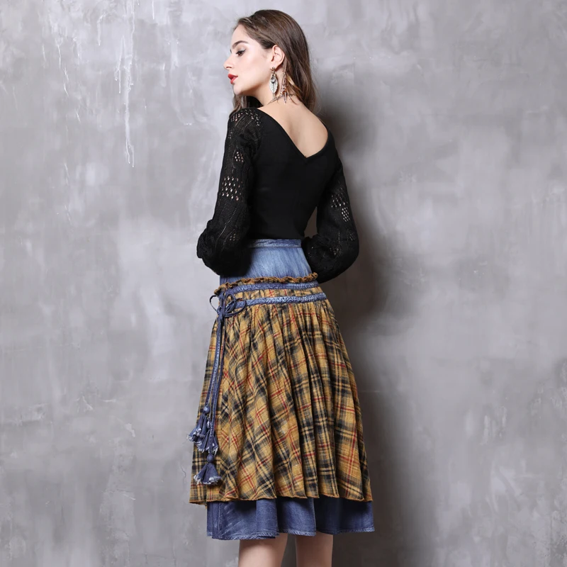 Skirts Womens 2018 Yuzi.may Boho New Denim Linen Skirt Swing Hem Plaid Covered Button Delicate Tassels Saias Femininas X2222