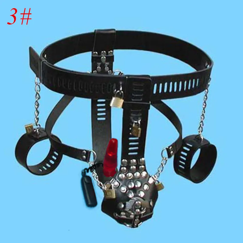 Male Chastity Belt with Handcuffs Anal Plug Chastity Lock PU Chastity Belts Bondage Kits Device Sex Toys for Men G7-4-93