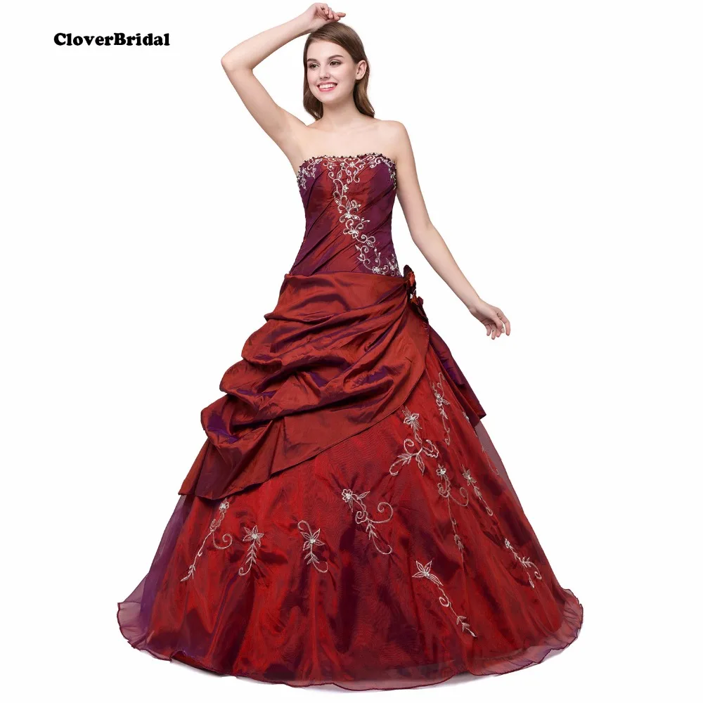 In Stock New Beaded Embroidery Taffeta And Tulle Burgundy Quinceanera Dresses Sweet 16 Dresses