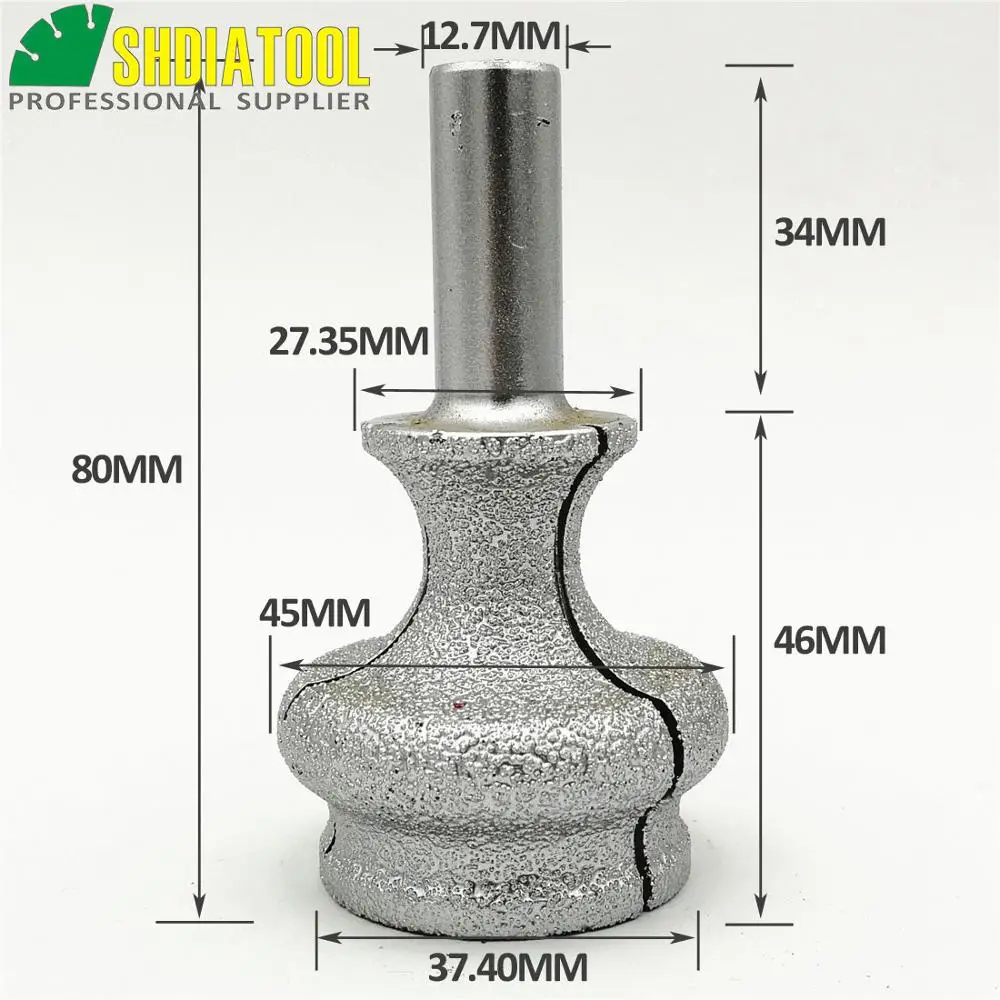 SHDIATOOL No.29 T2 Vacuum Brazed Diamond Router Bits With 1/2" Shank For Stone Cut, Router Cutter Granite Marble edge profiling