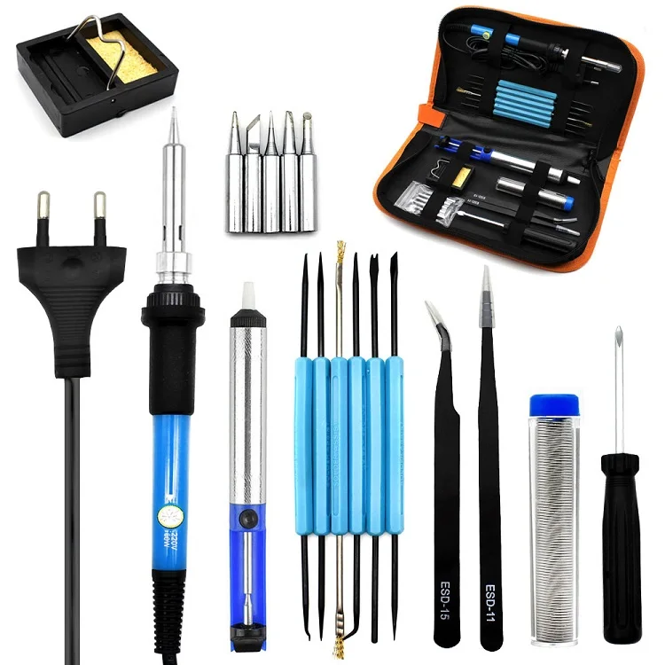 NEW 220v 60w Adjustable Temperature Electric Soldering Iron Kit+5pcs Tips Portable Welding Repair Tool Tweezers Solder W