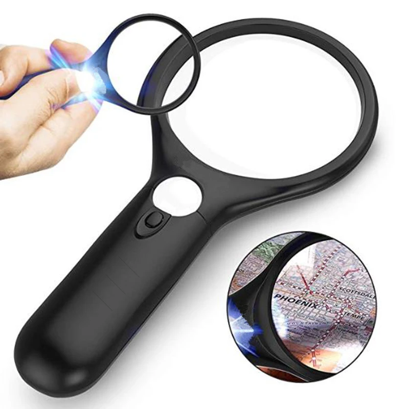 Handheld Illuminated Magnifier 3X 45X Lupa Reading Magnifying Glass Aid Reading for Seniors Loupe Jewelry Repair Tool With 3 LED