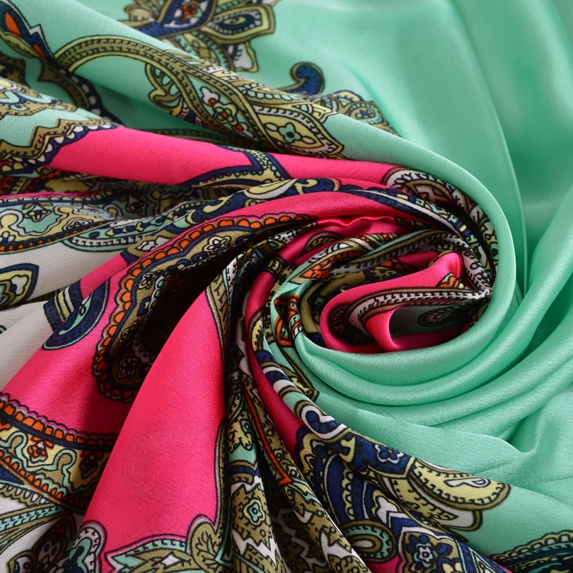 [BYSIFA] Brand Green Pink Silk Scarf Cape New Paisley Large Square Scarves Muslim Headscarves Women Satin Scarf Shawl 110*110cm