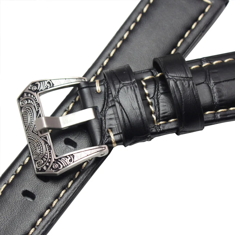 Retro Genuine Leather Watchbands Strap Men Handmade Double Thread Stitching Watch Band 22mm 24mm Wristwatches Belt Accessories