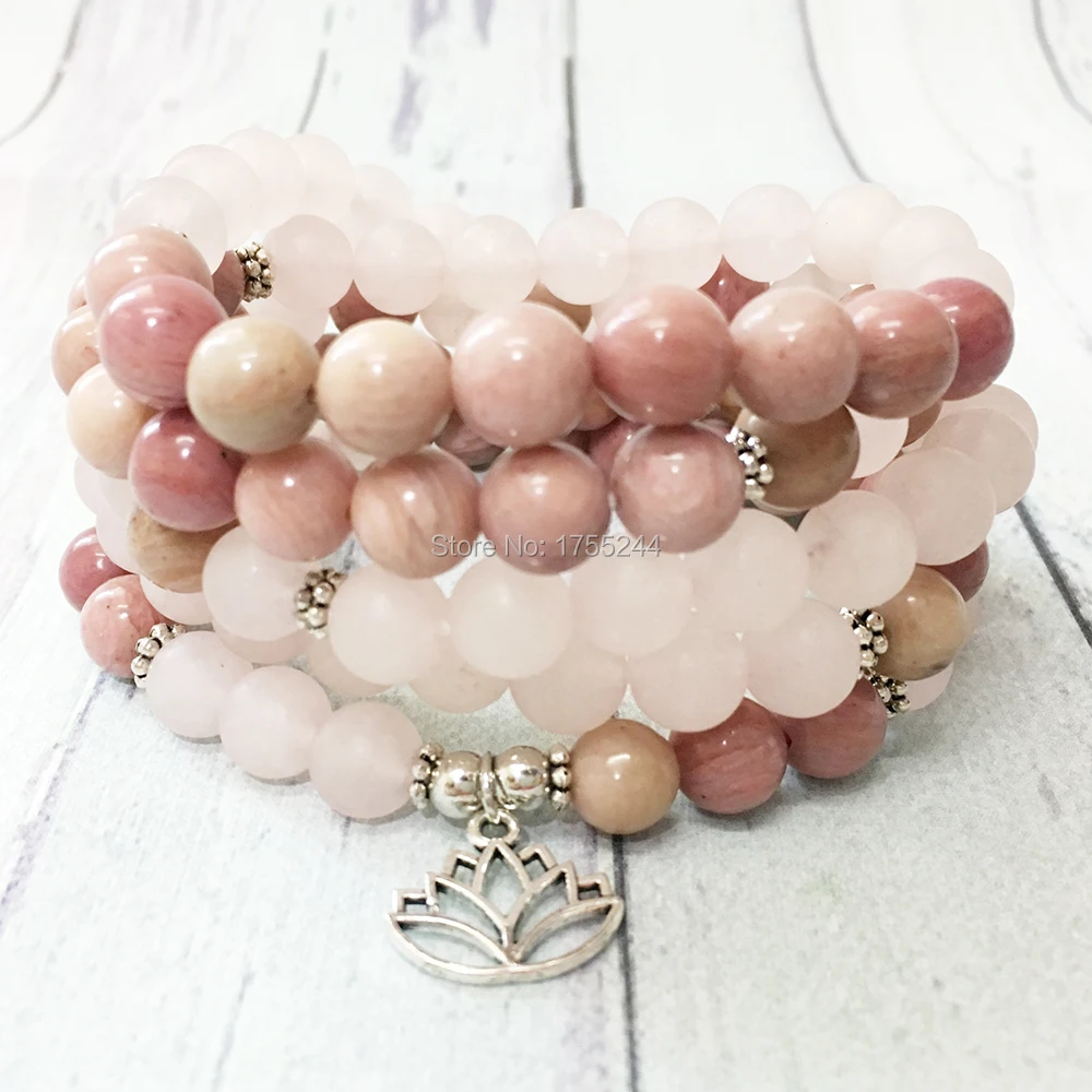 MG0475 New Design Rhodonite 108 Mala Womens Necklace 8 mm Matte Rose Quartz Lotus Charm Bracelet Personal Power Yoga Bracelet