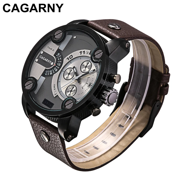 Cagarny Watches Men Luxury Brand Leather Strap Quartz Dual Time Zone Analog Date Men Sport Russian Military Oversize Wristwatch