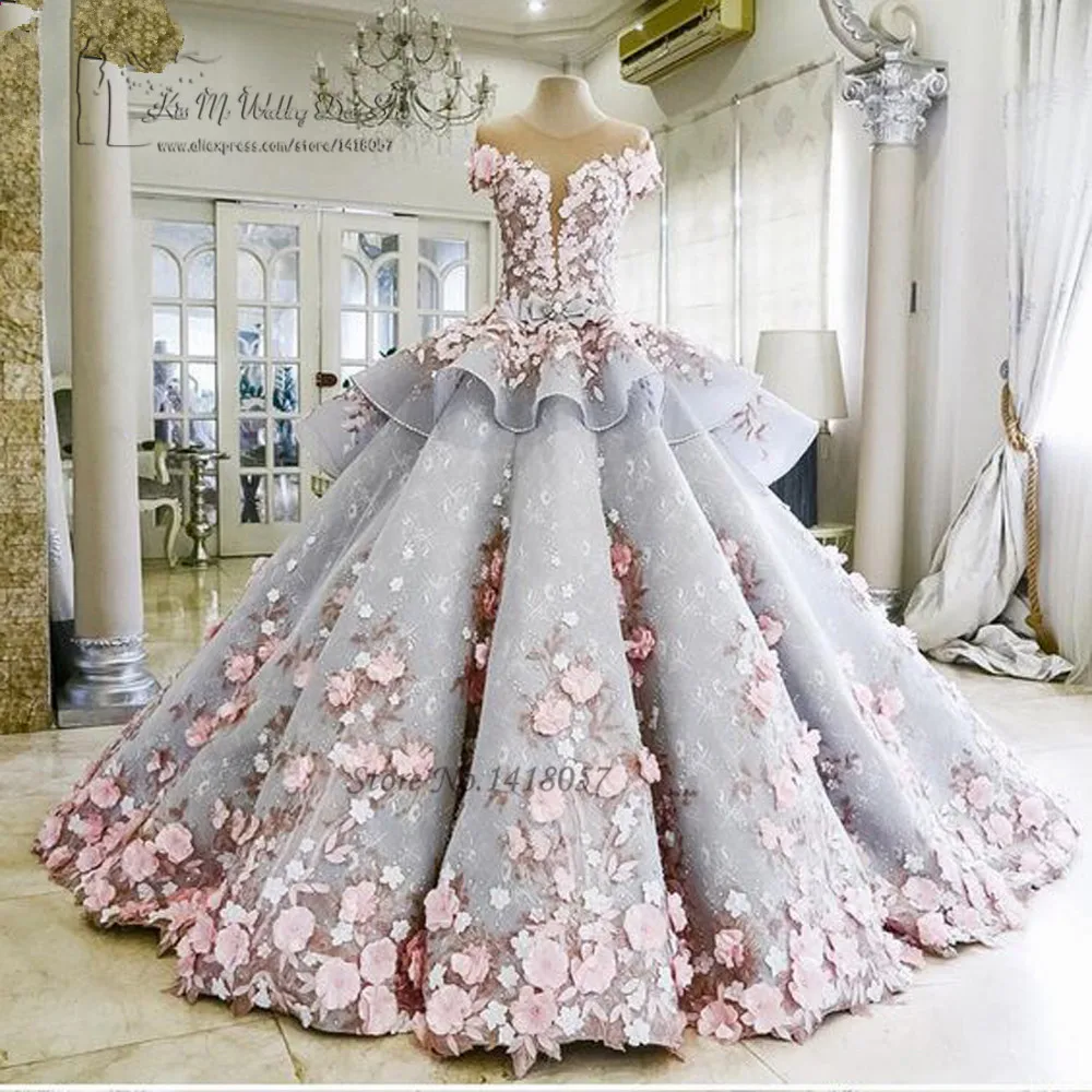 Colorful Luxury Wedding Dresses Pink Flowers Dreamy Ball Gown Wedding Gowns Princess Bride Dress 2017 Vestido de Noiva Mariage