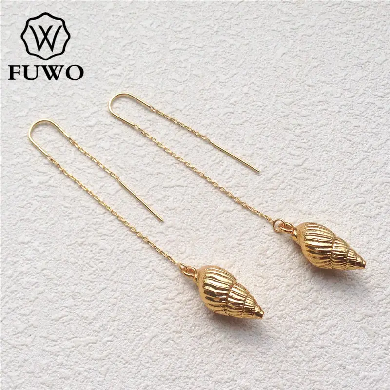 FUWO Little Conch Threader Earrings With Golden Filled Minimalist Design Spiral Shells Earrings Beach Jewelry For Women ER512