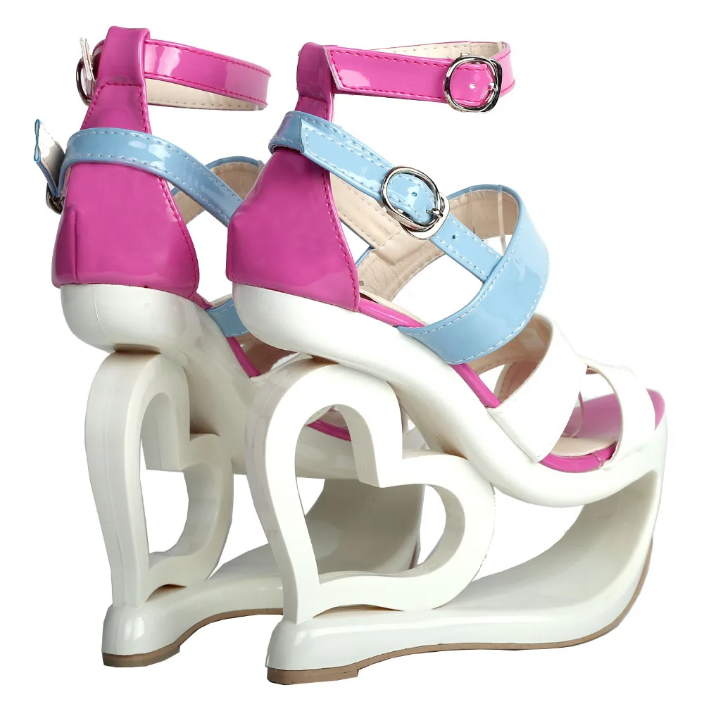 LF40203 Sexy White Pink Blue Strappy Heart Heel Wedge Wedding Sandals Sz 4/5/6/7/8/9/10