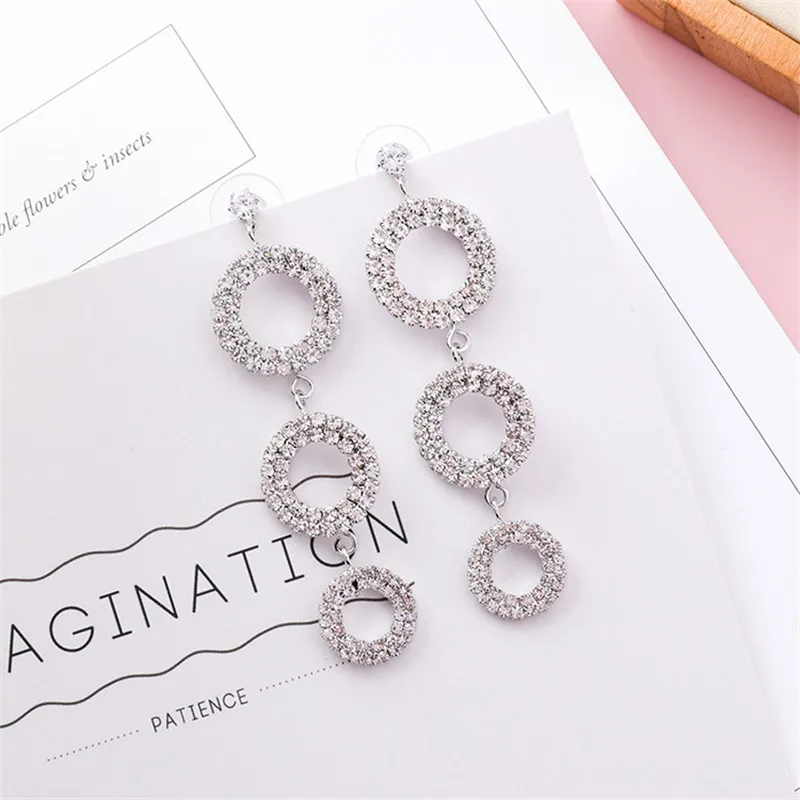 LUBOV Shining Crystal Rhinestone 3 Round Hoops Pendant Dangle Earrings Geometric Round Circle Drop Earrings Women Jewelry Gift