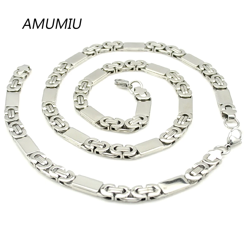 AMUMIU Mens Chain Stainless Steel Necklace Bracelet Sets Flat Byzantine Fashion Necklaces for Women Punk HZTZ057