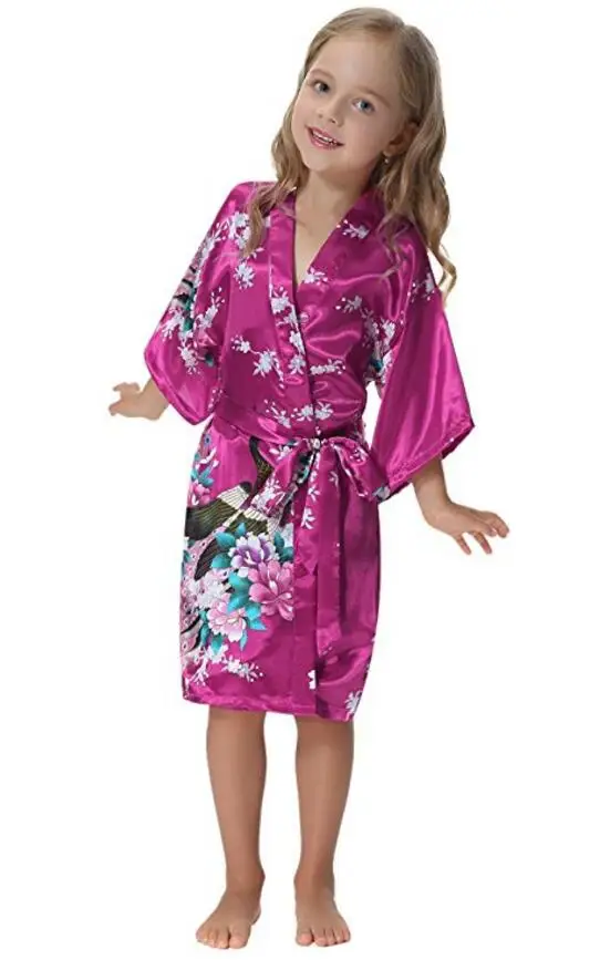 Kids Robe Satin Children summer Kimono Bath Robes Bridesmaid Flower Girl Dress Silk children\'s bathrobe Nightgown Peacock robe