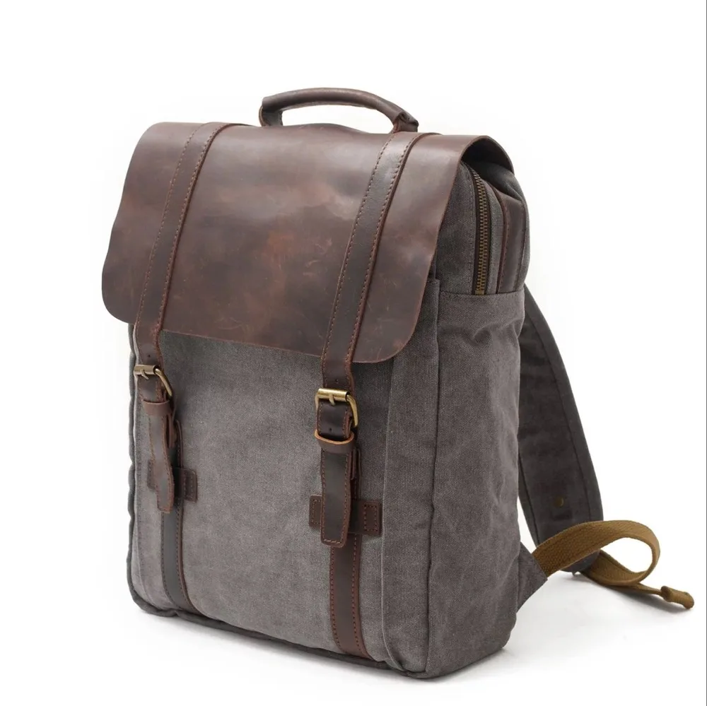 Mochila escolar de lona Vintage para hombre y mujer, bolsa de viaje militar de cuero, Mochila para ordenador portátil