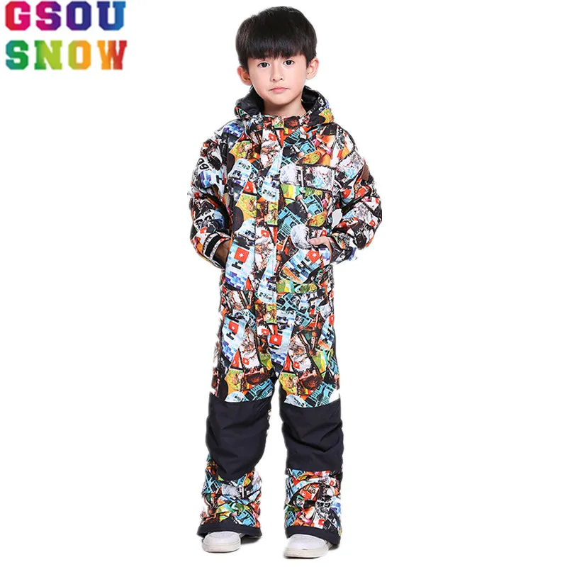 SNOW boys One-Piece Ski jacket outdoor Children Jumpsuit Snowboarding Waterproof Bib suit kids Ski Rompers Overalls coat