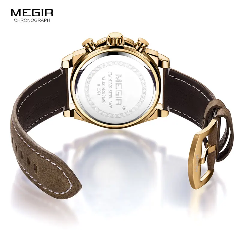 MEGIR Men\'s Leather Strap Quartz Watches Waterproof Luminous Army Sports Chronograph Wristwatch Man Relogios Clock 2094 Gold