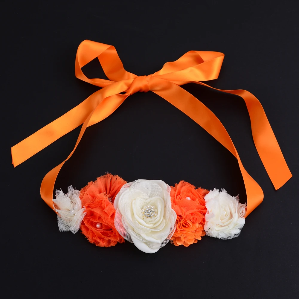 1 Set Flower Belt with Flower Headband for Girls Woman Maternity Sashes Belt Satin Orange Wedding Flower Kids Girl Sash Belt