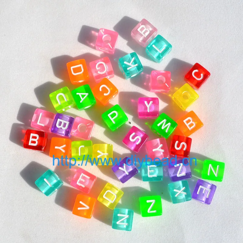 50pcs/lot DIY Children Jewelry Bracelet Department Acrylic Beads 10MM Square Shape Alphabet Letter Beads Fluorencent Mix Color