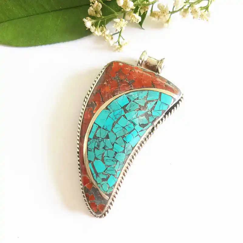 TBP068 Nepal Hand Vintage Pendants Copper Inlaid Colorful Stone Big Dao Pendant