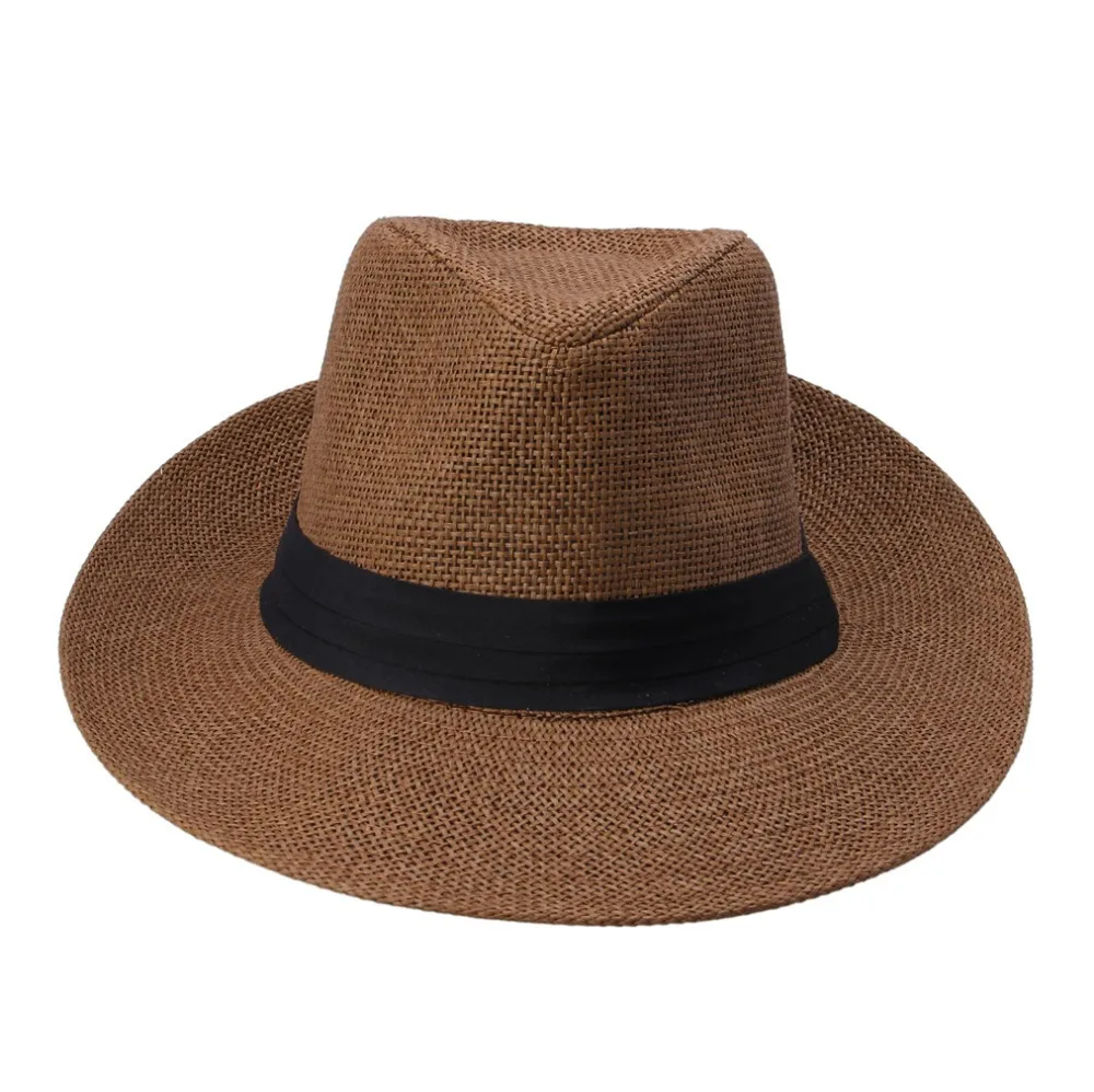 Sombrero de paja de papel con cinta negra para hombre y mujer, gorro de Sol de Jazz de ala grande, Trilby de playa informal de verano, moda caliente