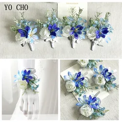 YO CHO Blue White Wrist Corsage Boutonnieres Wedding Decoration Marriage Rose Wrist Corsage Pin Boutonniere Flowers for Guests