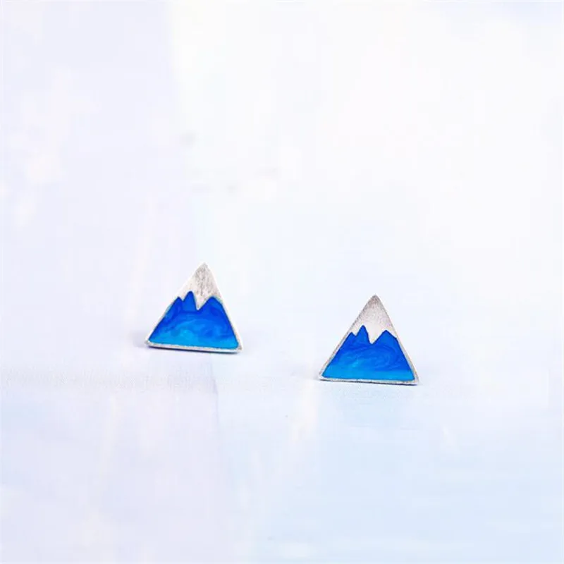 Creative New Fashion 925 Sterling Silver Jewelry Blue Triangle Geometry Snow Mountain Fresh Cute Female Stud Earrings