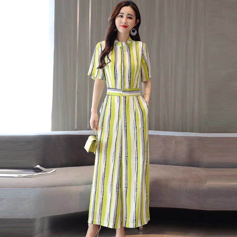 Elegant Jumpsuits For Women 2019 Summer Korean Overalls Short Sleeve Wide Leg Striped Jumpsuit Zip DD2153