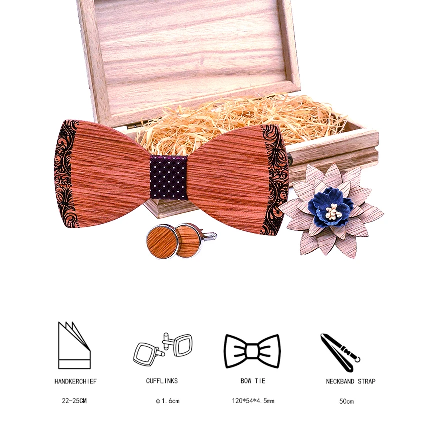 flolar print Wood bow tie bowtie men vintage wood bow tie pocket square handkerchief cufflinks lapel flower brooch With box Set