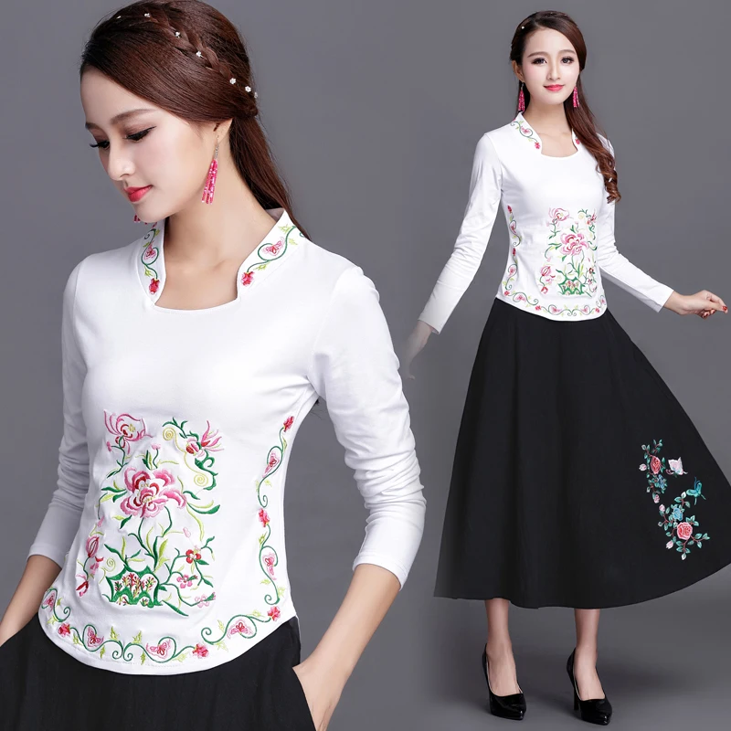 Plus size T Shirt Women Cotton Basic Tshirt Long sleeve Vintage Ethnic Embroidery High quality Ladies Tops Casual 4XL 5XL 6XL