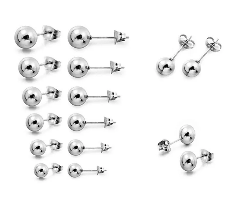 50Pairs  Free Shippment  Stainless Steel earring fashion jewelry-Round Balls Ear Studs Earring 3mm 4mm 5mm 6mm 7mm 8mm HOT Sell